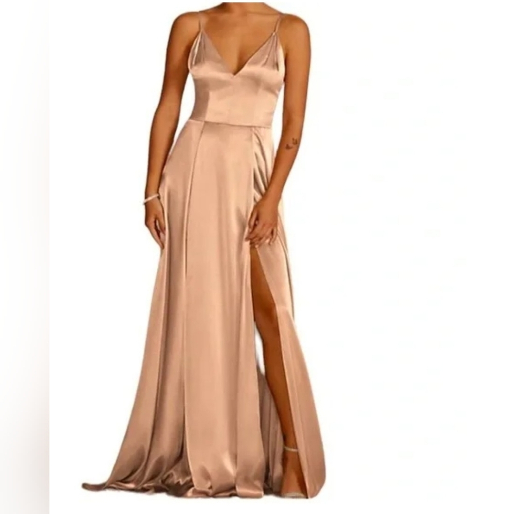 Galina Signature David's Bridal Charmeuse Tank Pink Satin Maxi Deep V-Neck Sz 8